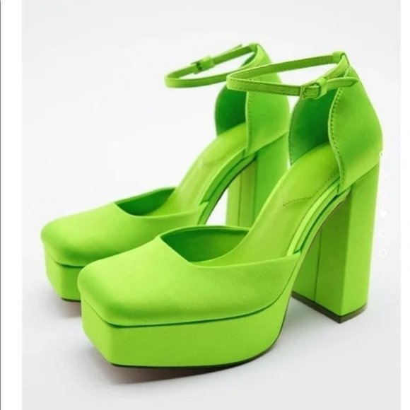 Zara Shoes Zara Heeled Platform Shoes With Satin Effect Fabric Neon
